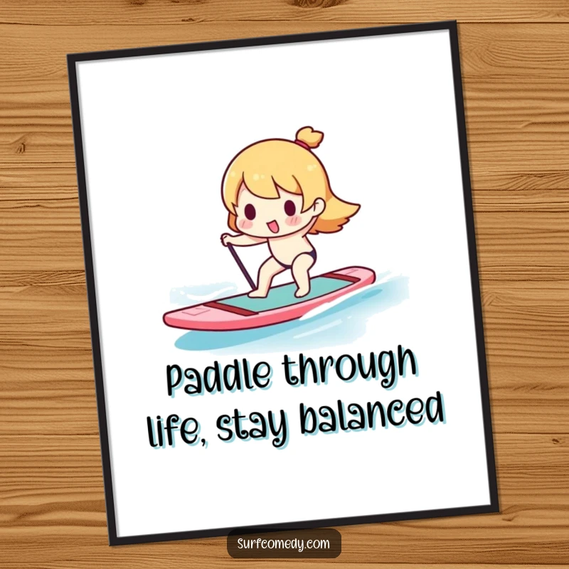 Funny Free Printable Wall Art: A determined Kawaii character wobbles comically on a paddleboard, embracing the challenge.