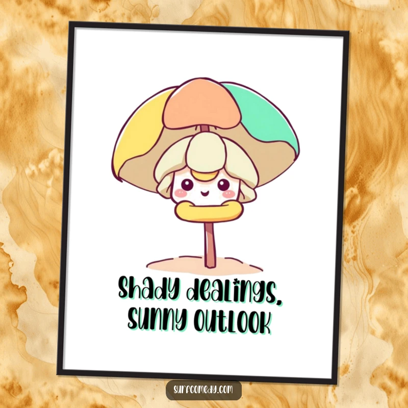 Free Printable Wall Art: A cute Kawaii character smiles as they peek from inside a beach umbrella, evoking sunny days.