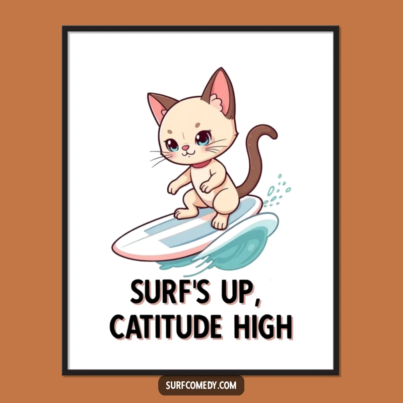 Free Printable Siamese Cat Surfer Wall Art - Cool Cat Catching Swell Funny Downloadable Home Decor
