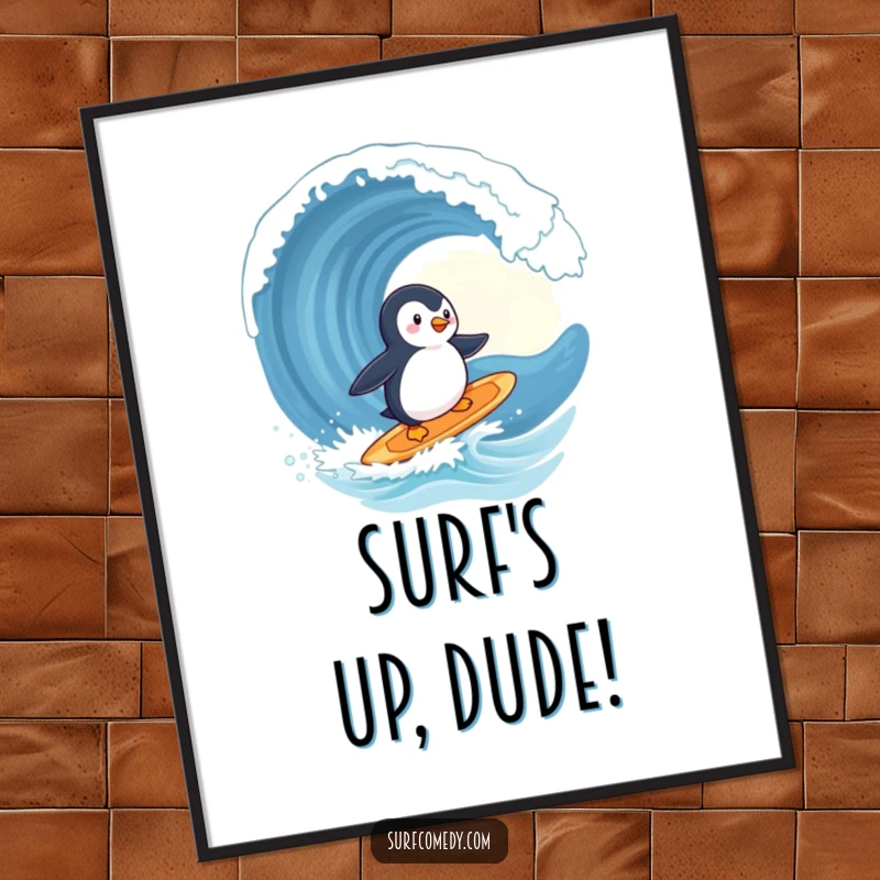 Funny Free Printable Wall Art: A cute penguin character skillfully surfs a giant, playful wave on a surfboard, dynamic and fun sea art.