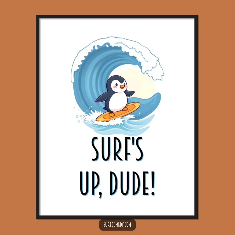 Funny Free Printable Wall Art: Penguin Surfer Wave Ride, Whimsical Downloadable Decor