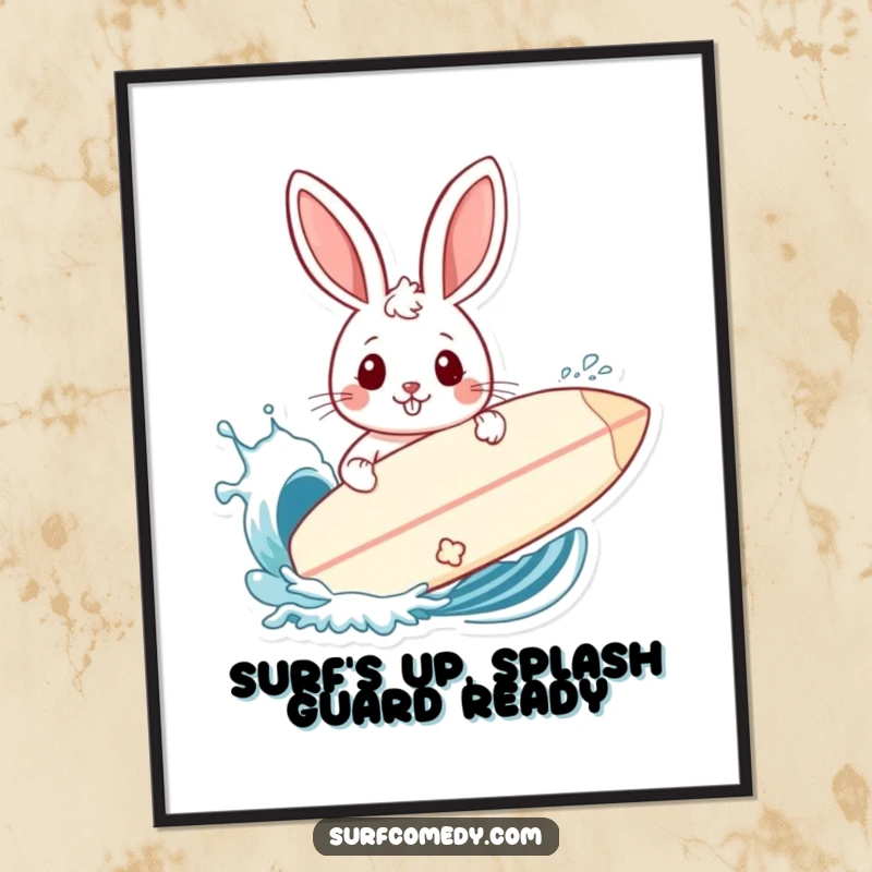 Funny Free Printable Wall Art: Rabbit character using a surfboard as a shield against a large, playful ocean wave splash.