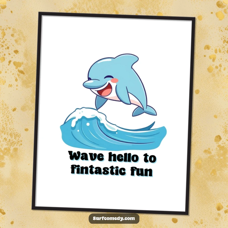 Funny Free Printable Wall Art: A laughing dolphin character leaping over a playful wave, embodying joy and freedom.