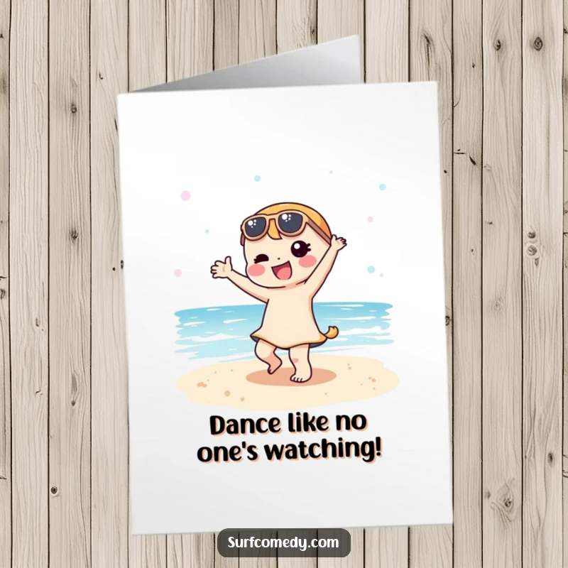 Funny Free Printable Birthday Card: A cheerful Kawaii character grooves energetically on a sandy beach, spreading birthday cheer.