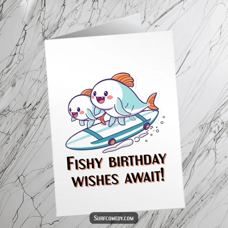 Funny Free Printable Birthday Card: Kawaii fish wearing sunglasses surf a big board, sending birthday wishes with playful joy.