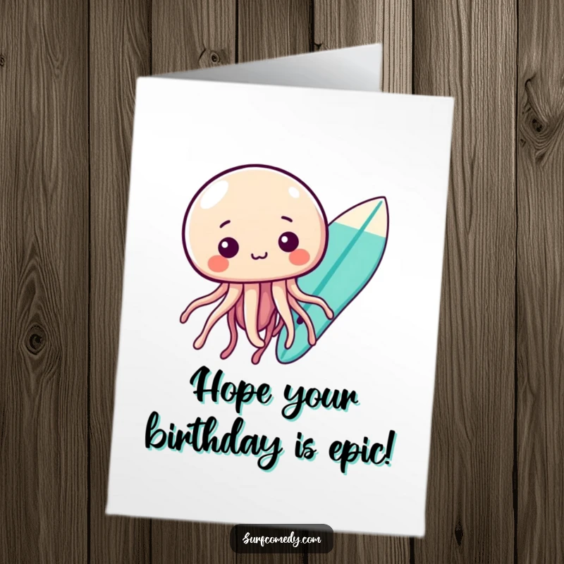 Free Printable Birthday Card: A curious kawaii jellyfish drifts near a colorful surfboard, bringing birthday cheer.