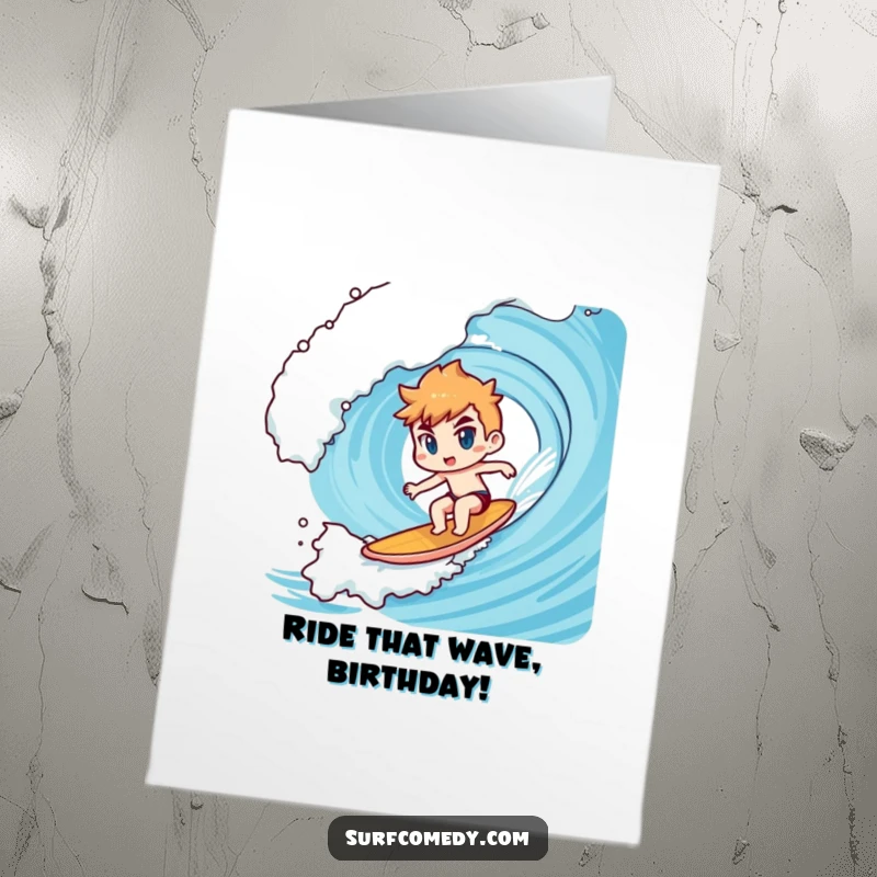 Funny Free Printable Birthday Card: A determined Kawaii character bravely surfs a massive, stylized ocean wave.