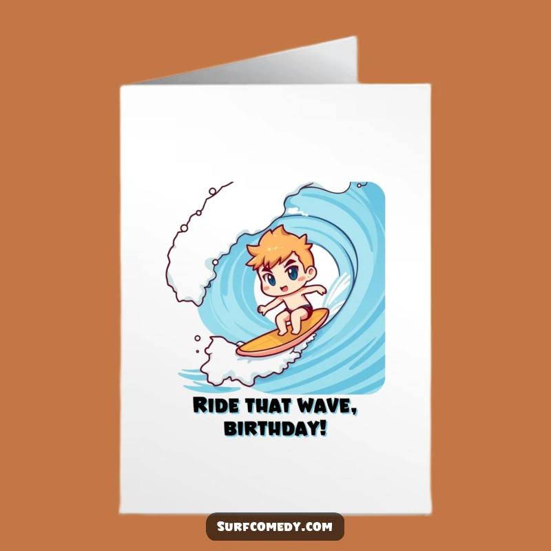 Free Printable Birthday Card: Determined Kawaii Surfer Giant Wave Funny Downloadable Gift