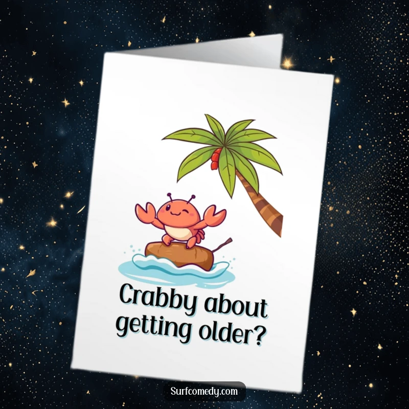 Funny Free Printable Birthday Card featuring a cute Kawaii crab hilariously trying to surf a small coconut, embracing the birthday fun.