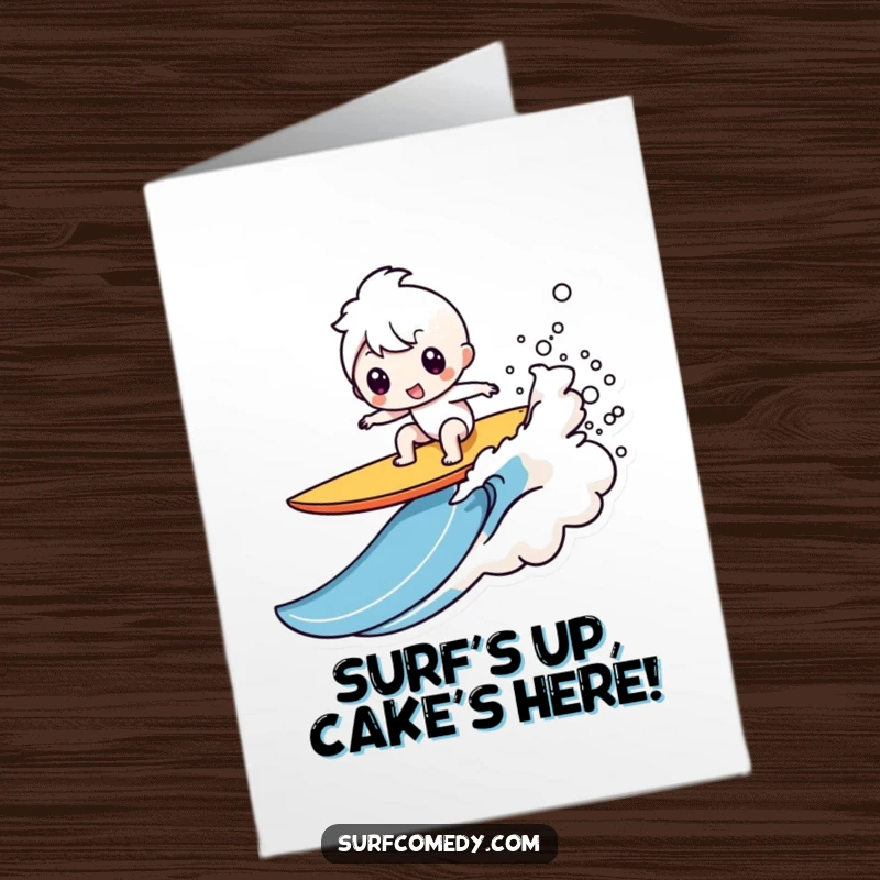 Funny Free Printable Birthday Card: A cheerful Kawaii character wiping out dramatically on a surfboard with a big splash.
