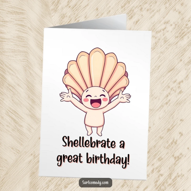 Funny Free Printable Birthday Card: Happy character catches giant colorful seashell, perfect for birthday wishes.