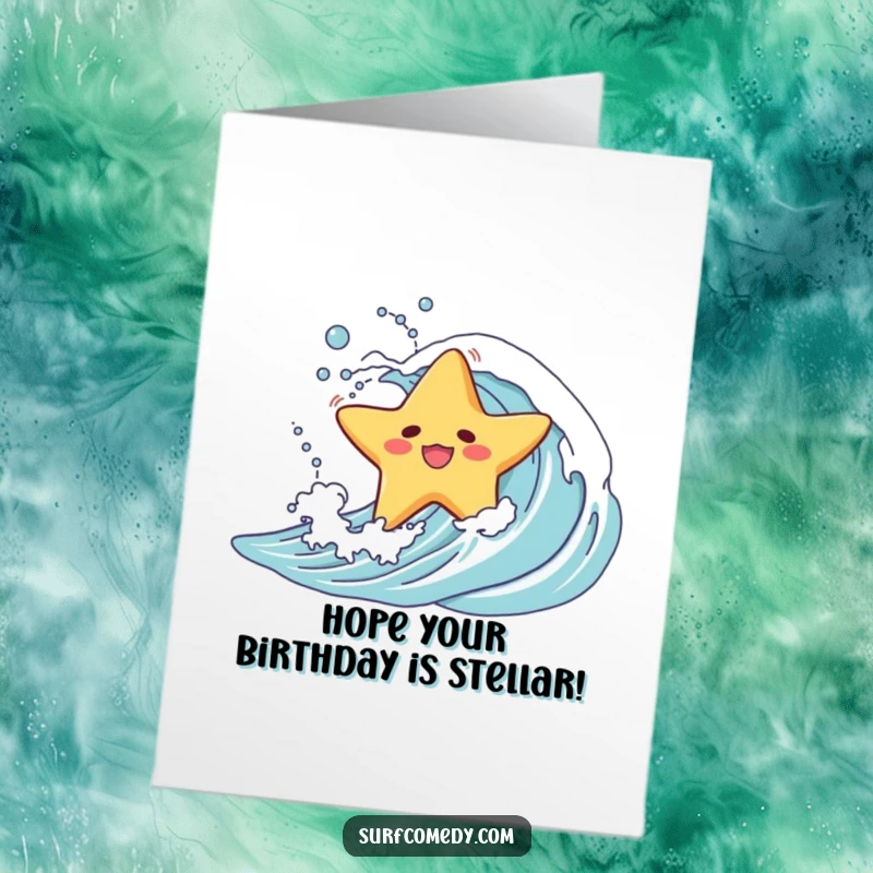 Funny Free Printable Birthday Card featuring a cute starfish character experiencing a comical wipeout on a wave, turning a spill into a celebration.