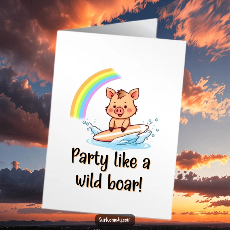 Funny Free Printable Birthday Card: A tiny, excited boar character joyfully splashing water with its surfboard, creating a beautiful, colorful rainbow.