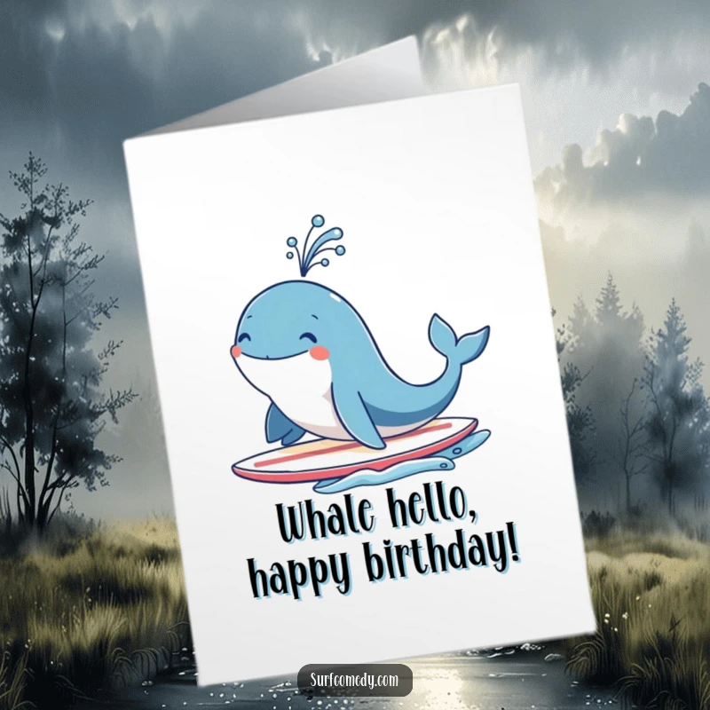 Funny Free Printable Birthday Card: Smiling whale surfs a board, spouting water like a celebratory fountain.
