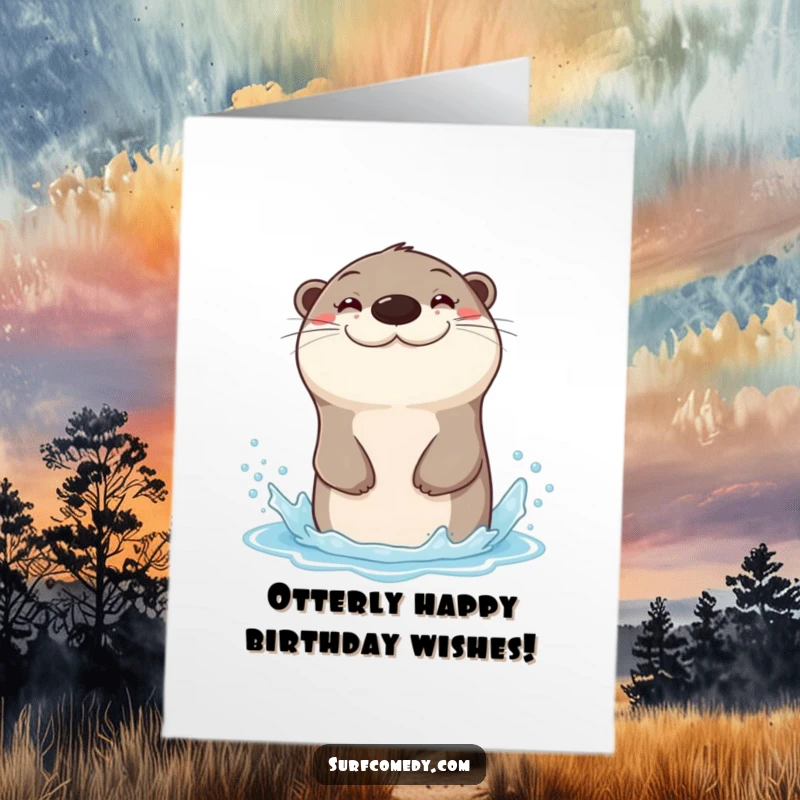 Funny Free Printable Birthday Card: Sea otter with a wide grin sliding down a water spray, celebrating joyfully.