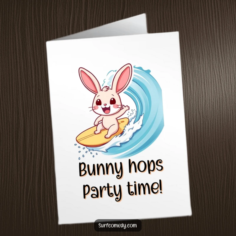 Funny Free Printable Birthday Card: Exhilarated surfer rabbit leaping with joy on a massive wave, ready to shred.