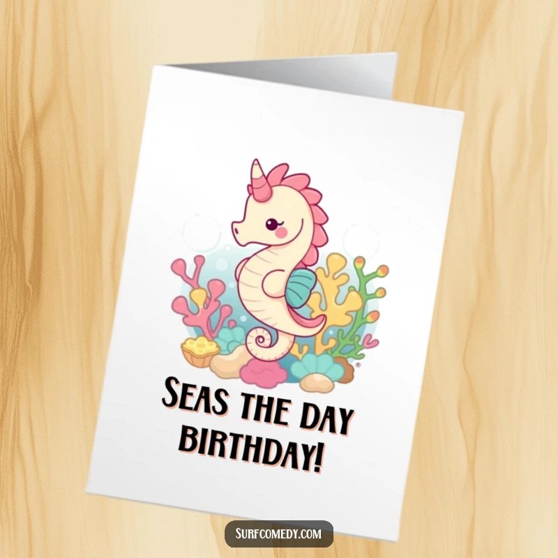 Funny Free Printable Birthday Card, a happy kawaii seahorse gracefully swimming amidst colorful coral reefs, underwater downloadable gift.