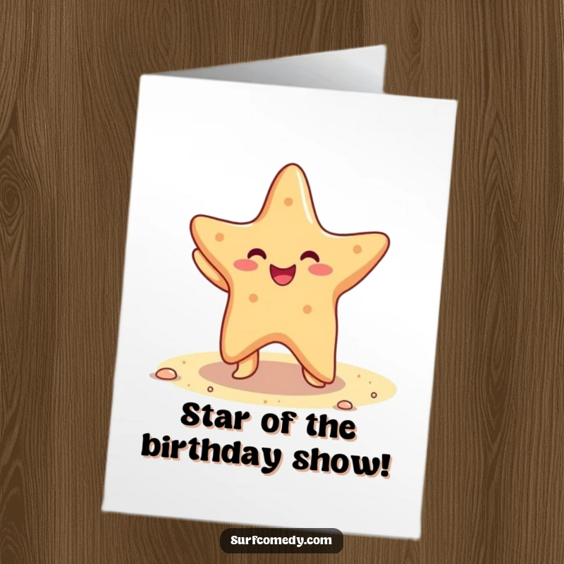 Funny Free Printable Birthday Card, a cheerful kawaii starfish doing a joyful dance on sandy beach, fun downloadable gift.