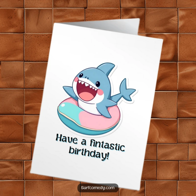 Funny Free Printable Birthday Card: Cute shark excitedly riding a tiny inner tube, ready for birthday fun.