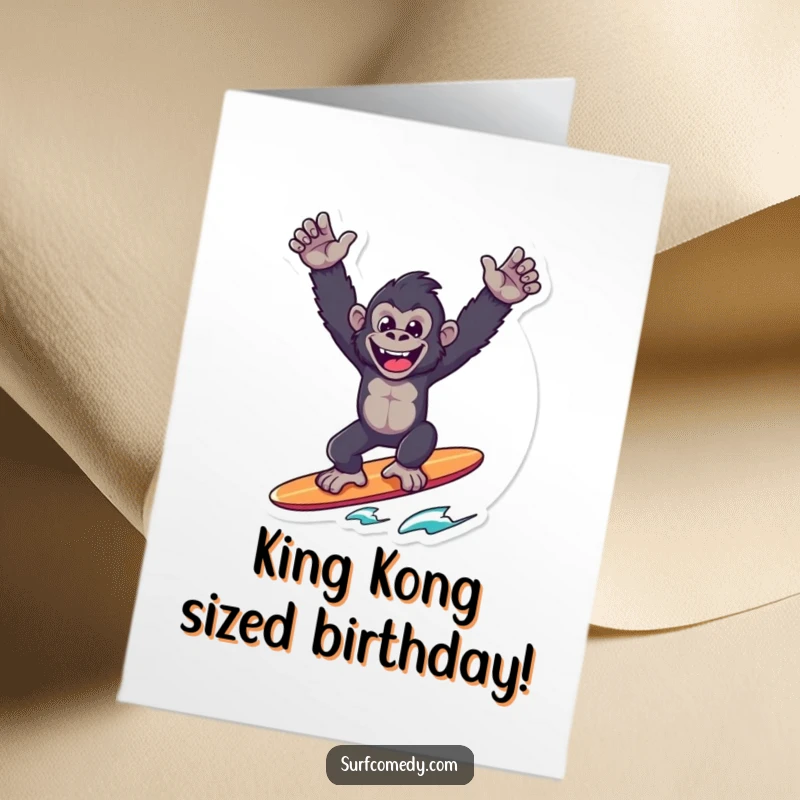 Funny Free Printable Birthday Card: A jubilant gorilla surfer balancing perfectly on a surfboard, arms raised high in a triumphant victory pose.