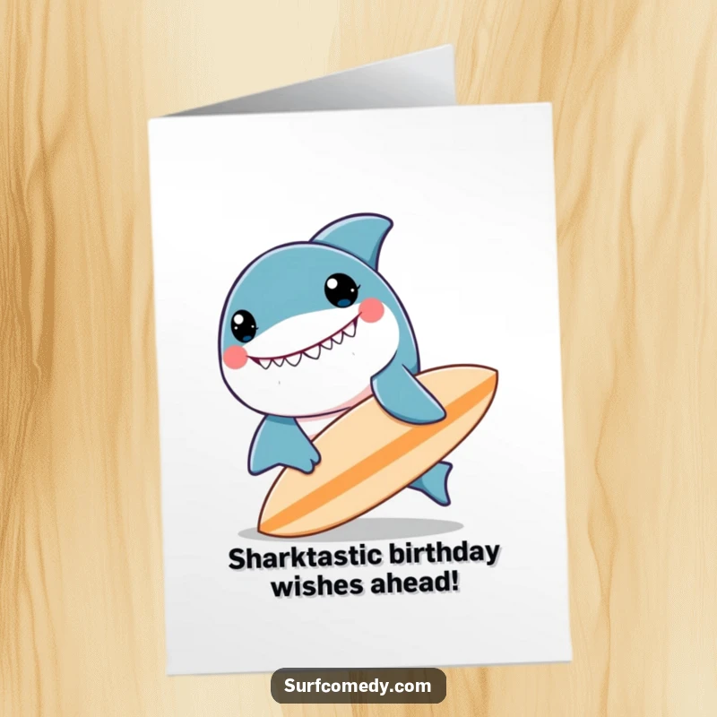 Funny Free Printable Birthday Card: Kawaii shark with a huge smile playfully nudges a surfboard, ready for birthday fun.