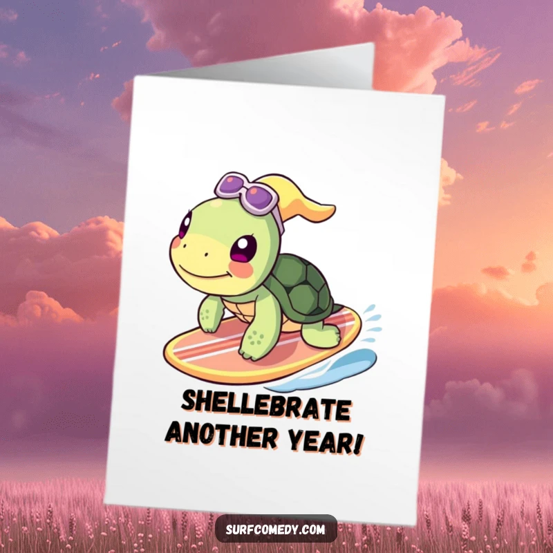 Funny free printable birthday card featuring a happy turtle expertly surfing a wave on a surfboard, its flippers paddling with glee.