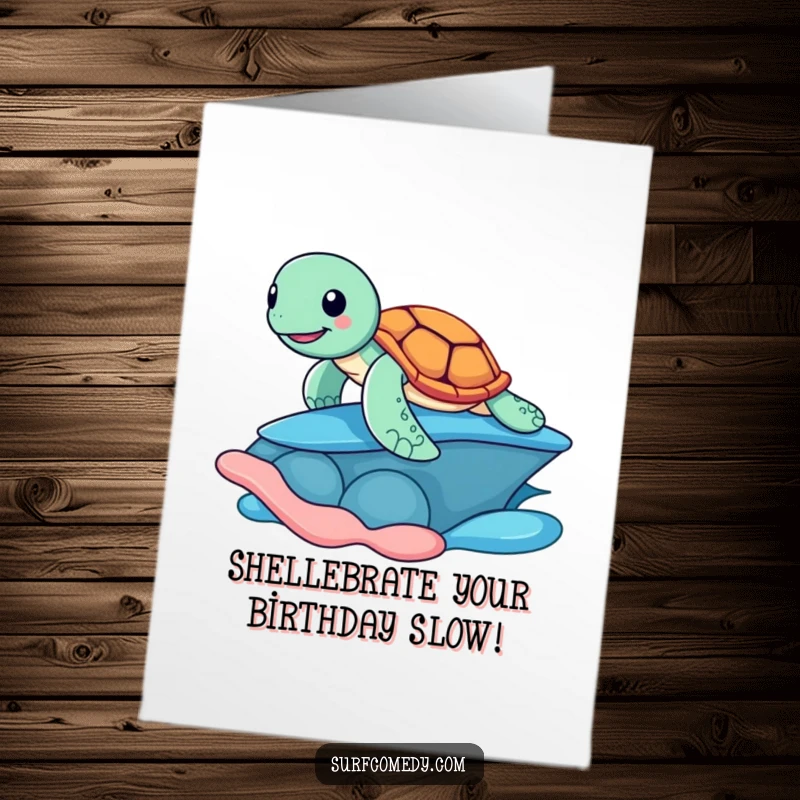 Funny Free Printable Sea Turtle Birthday Card, a cheerful turtle surfing a colorful shell, ready to party.