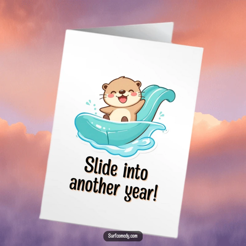 Funny Free Printable Birthday Card: A joyful otter gleefully slides down a water slide, celebrating the birthday.