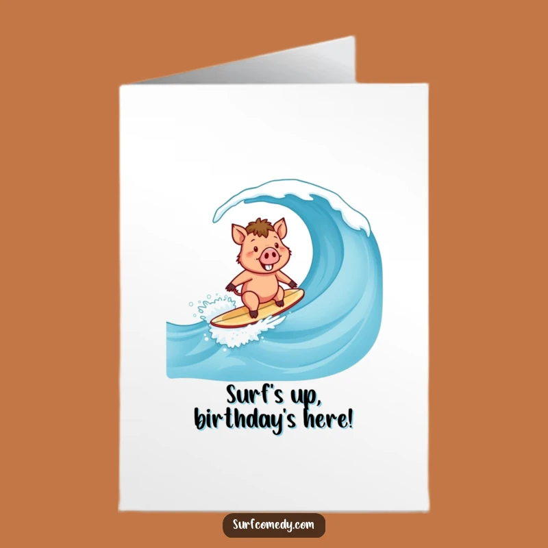 Free Printable Surfer Boar Birthday Card: Happy Wave Riding Swine Downloadable Gift