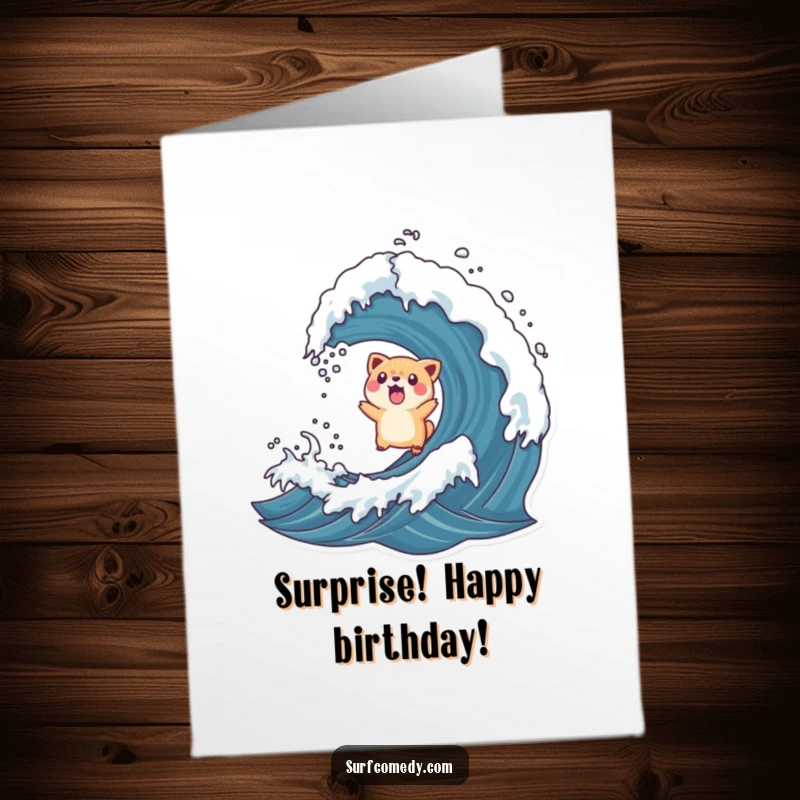 Funny Free Printable Birthday Card: Surprised animal tossed into the air by a rogue wave, mid-air shock and humor.