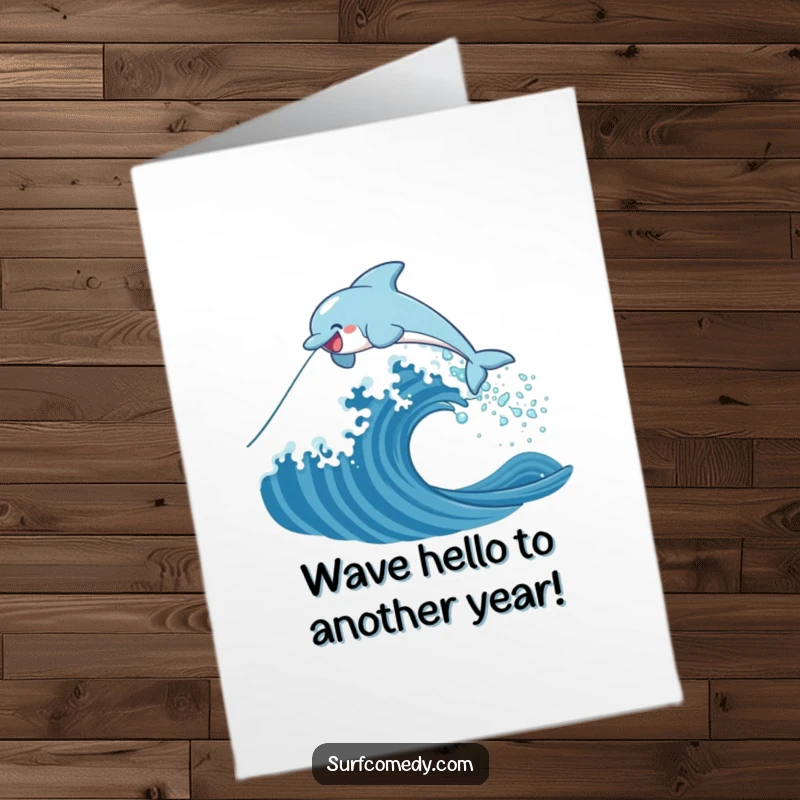 Funny Free Printable Birthday Card featuring a joyful dolphin leaping exuberantly over a splashing wave, spreading birthday cheer.
