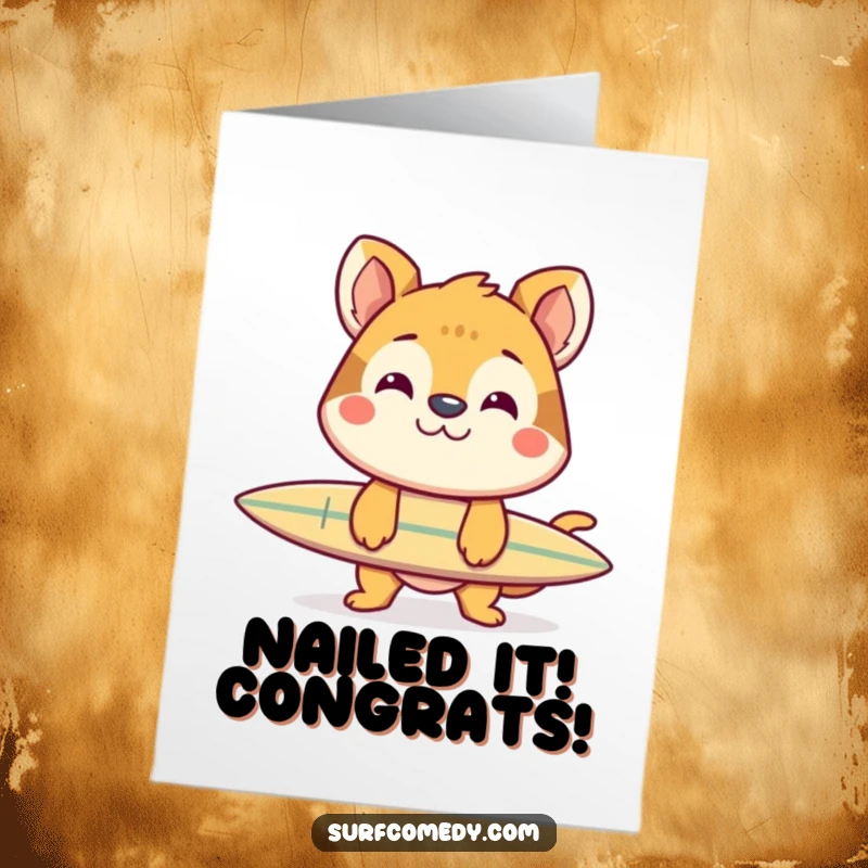 Funny Free Printable Congratulations Card: Cheerful animal balances surfboard on nose with a grin, impressive and celebratory.