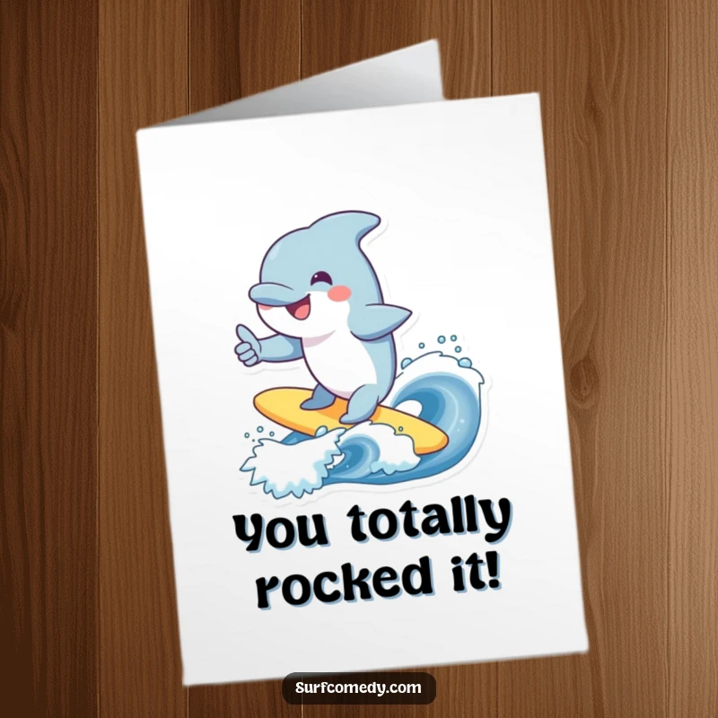 Funny Free Printable Congratulations Card: A happy dolphin surfs a wave with style, giving a big thumbs up to signify achievement.
