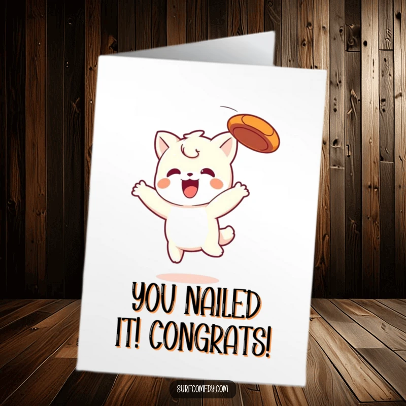 Funny Free Printable Congrats Card: Kawaii character celebrating a victory by catching a frisbee, expressing joy.