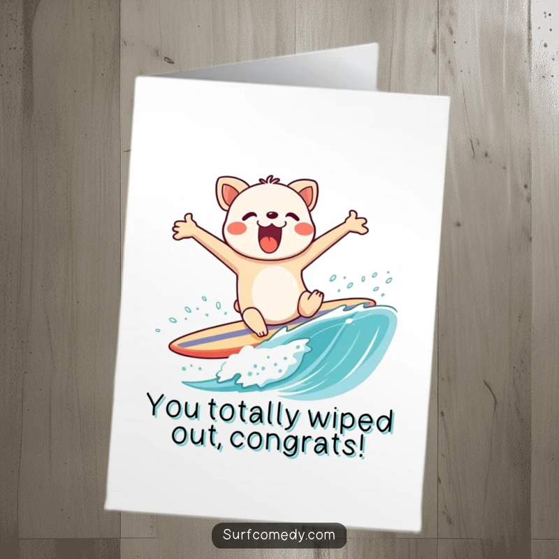 Funny Free Printable Congratulations Card: Surfing animal comically wiping out on a surfboard, flailing arms, perfect downloadable gift.