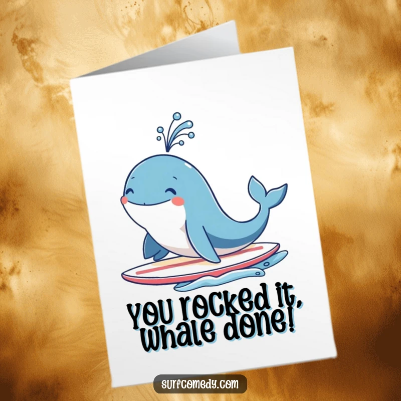Funny Free Printable Congratulations Card: Joyful whale riding a surfboard, spouting water in a festive display.