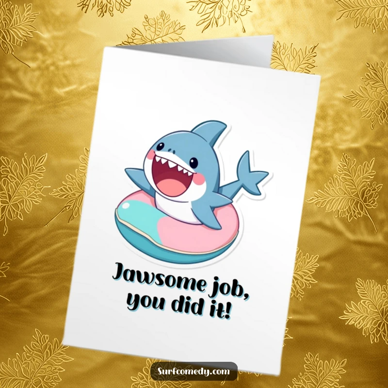 Funny Free Printable Congratulations Card: Cute shark riding an inner tube, celebrating your big win with glee.