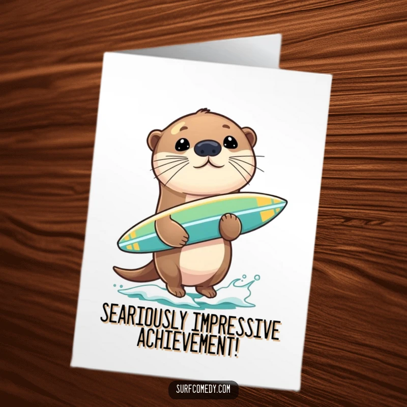 Funny free printable congratulations card showing a cute sea otter skillfully balancing a surfboard on its nose, celebrating a win.