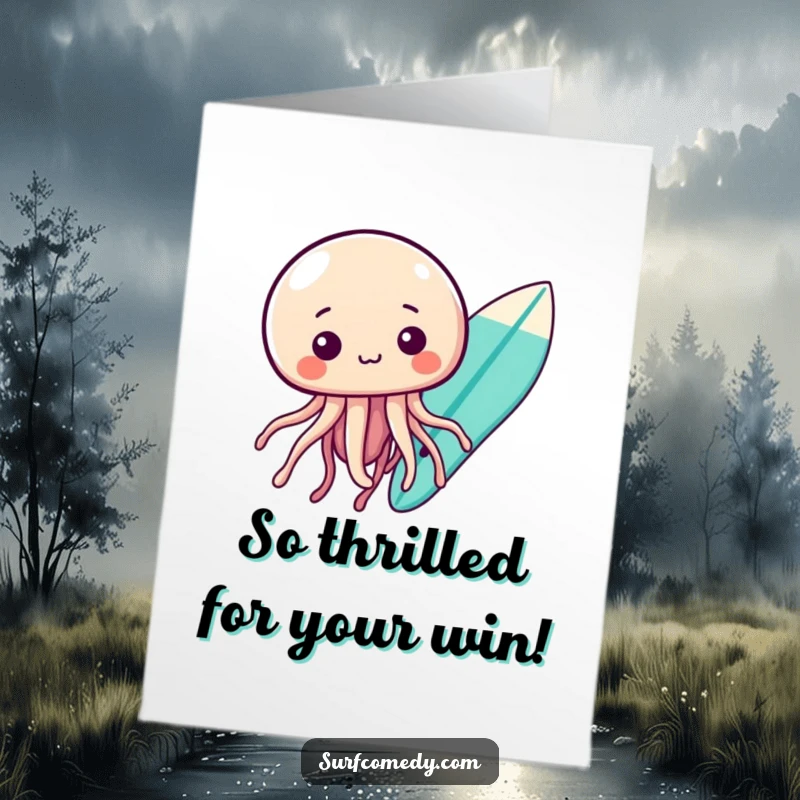 Free Printable Congrats Card: A curious kawaii jellyfish floats serenely near a surfboard, celebrating milestones.