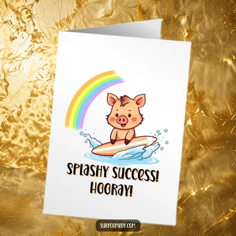 Funny Free Printable Congrats Card: A cheerful little boar character making a big splash with its surfboard, forming a vibrant rainbow to celebrate success.