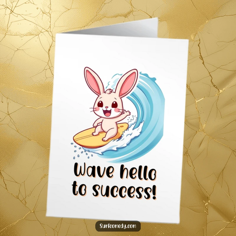 Funny Free Printable Congrats Card: Energetic surfer rabbit expertly riding a giant wave, embodying pure triumph and excitement.