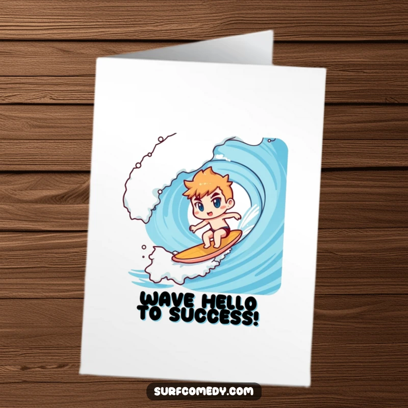 Funny Free Printable Congratulations Card: A determined Kawaii character surfs a gigantic wave with focus and skill.