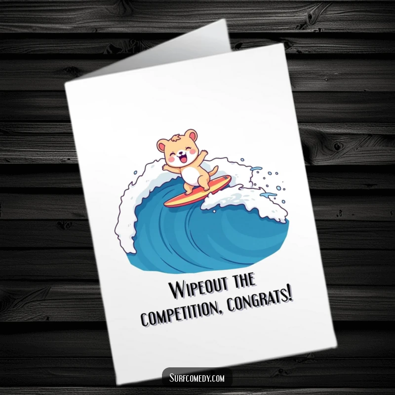 Funny Free Printable Congratulations Card featuring a happy animal character expertly riding a wave on a surfboard, celebrating victory.