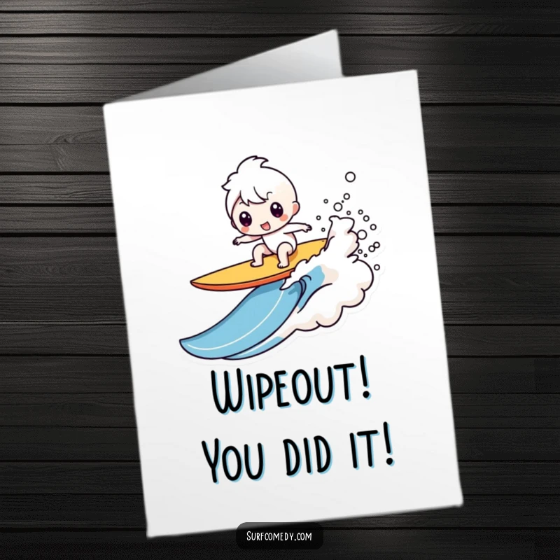 Funny Free Printable Congratulations Card: A Kawaii character hilariously falling off a surfboard in a big splash.
