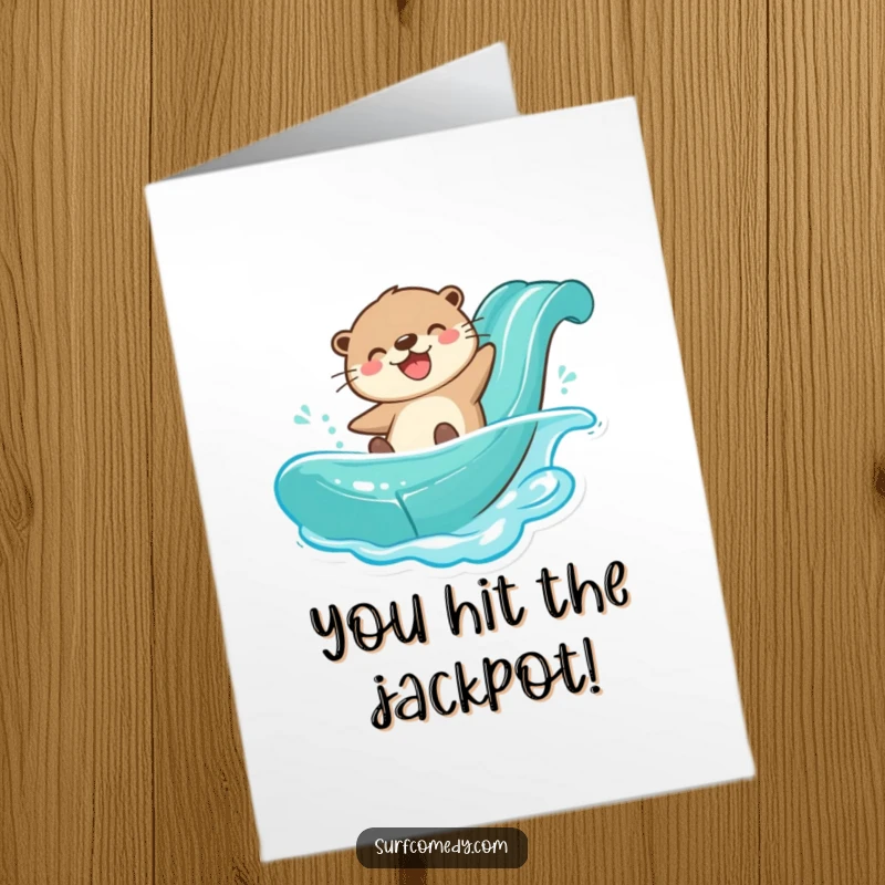 Funny Free Printable Congratulations Card: An otter joyfully slides down a water slide, cheering for your success.