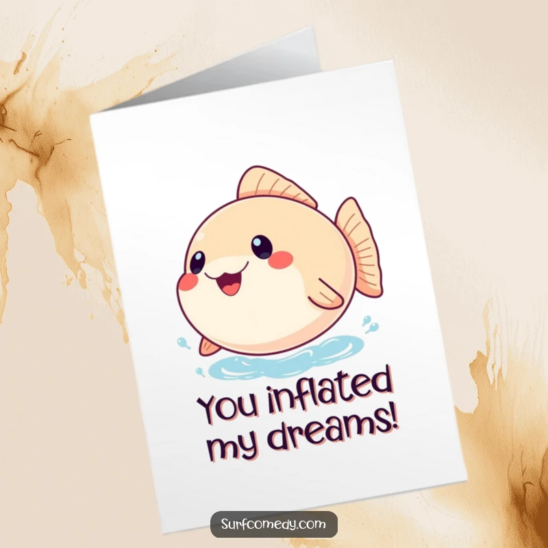 Free Printable Congratulations Card: a happy pufferfish character is inflated with joy, bobbing merrily on water.
