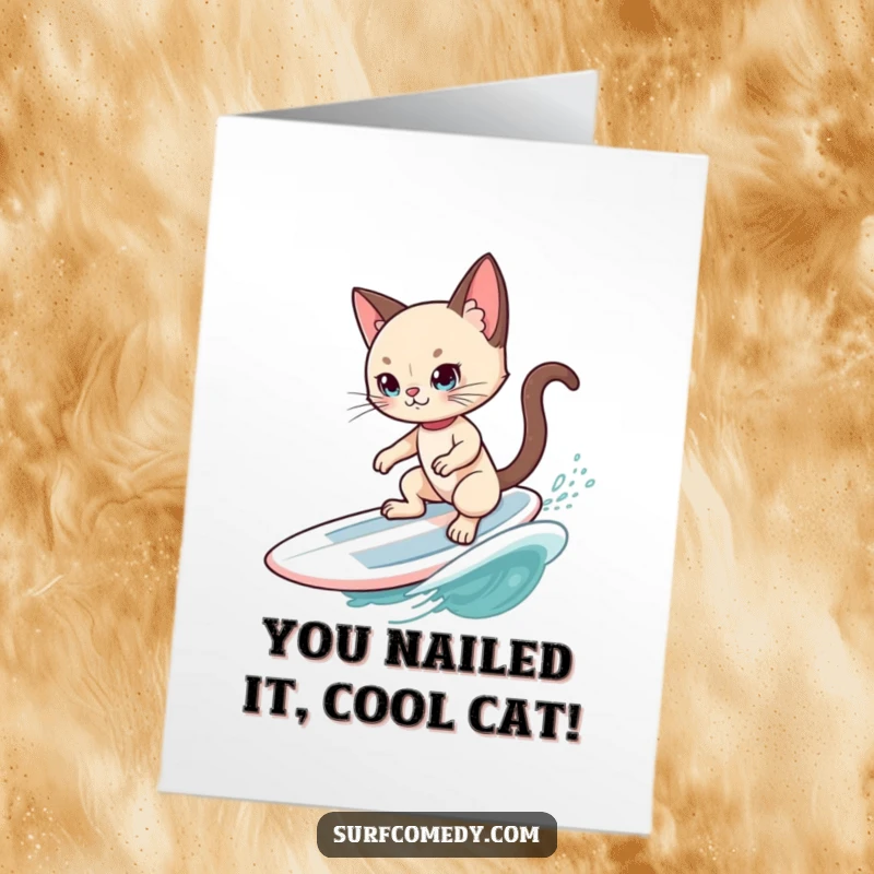 Funny Free Printable Congrats Card: A sophisticated Siamese cat surfer masterfully balancing on a board, riding a graceful ocean swell with effortless cool.