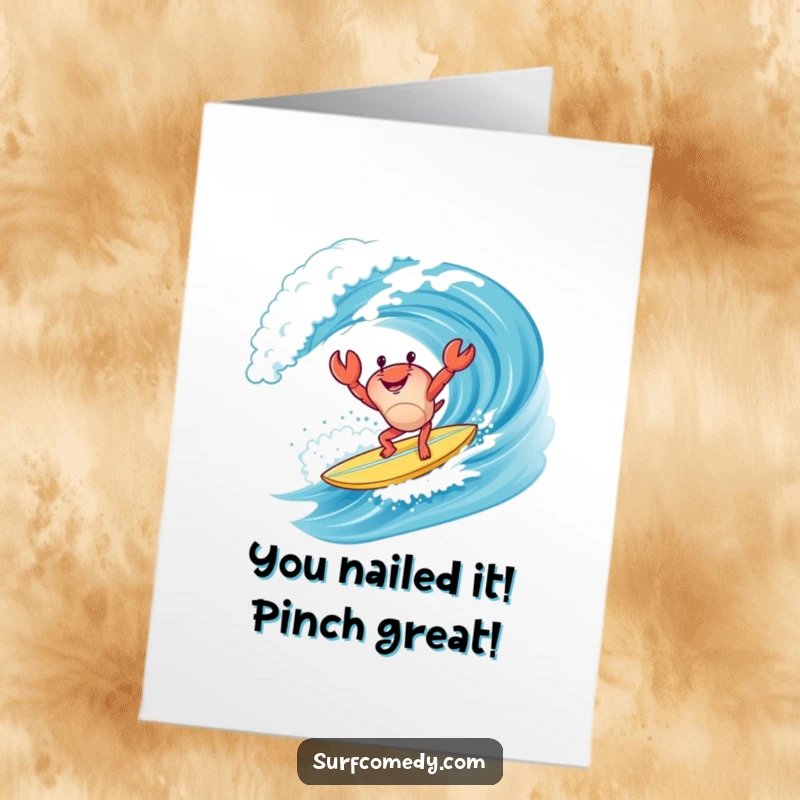 Funny Free Printable Congratulations Card: Acrobatic crab doing a handstand on a surfboard, celebrating success.