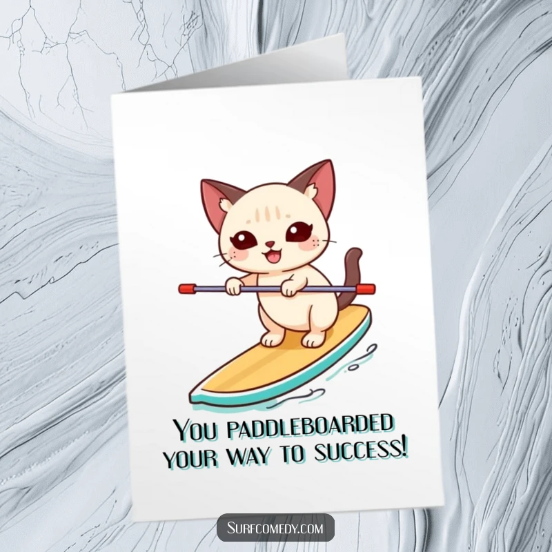 Funny Free Printable Congratulations Card: Siamese cat happily balances on a paddleboard, a fun image celebrating success.