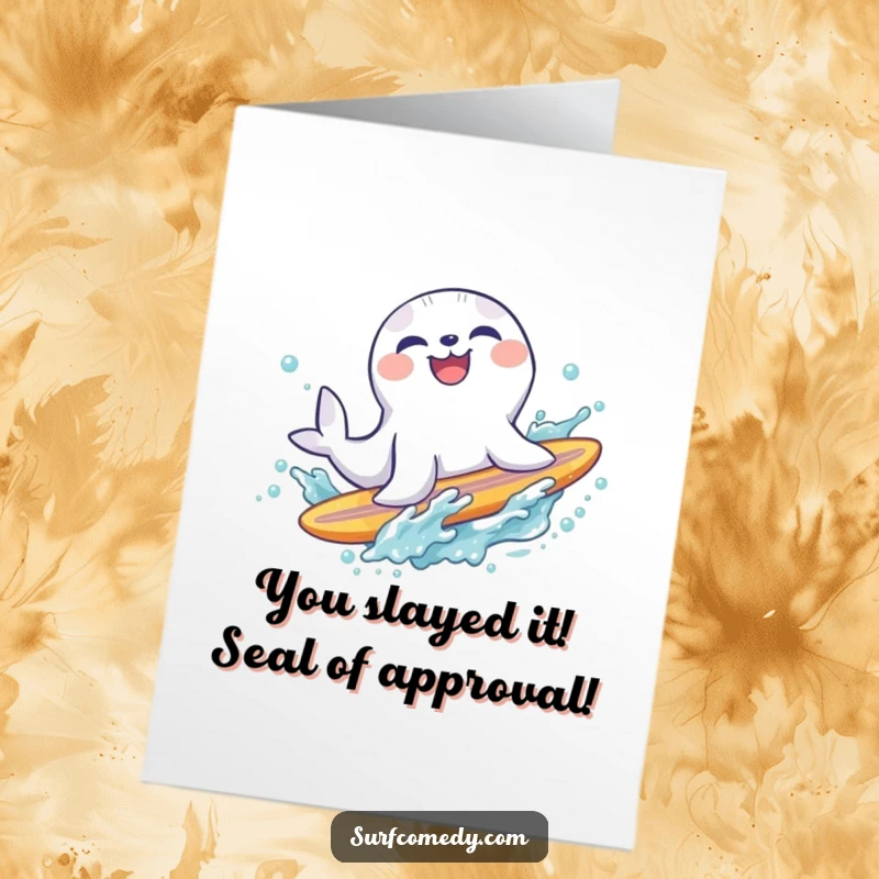 Funny Free Printable Congratulations Card: Laughing seal making a big splash after sliding off a surfboard, celebrating.